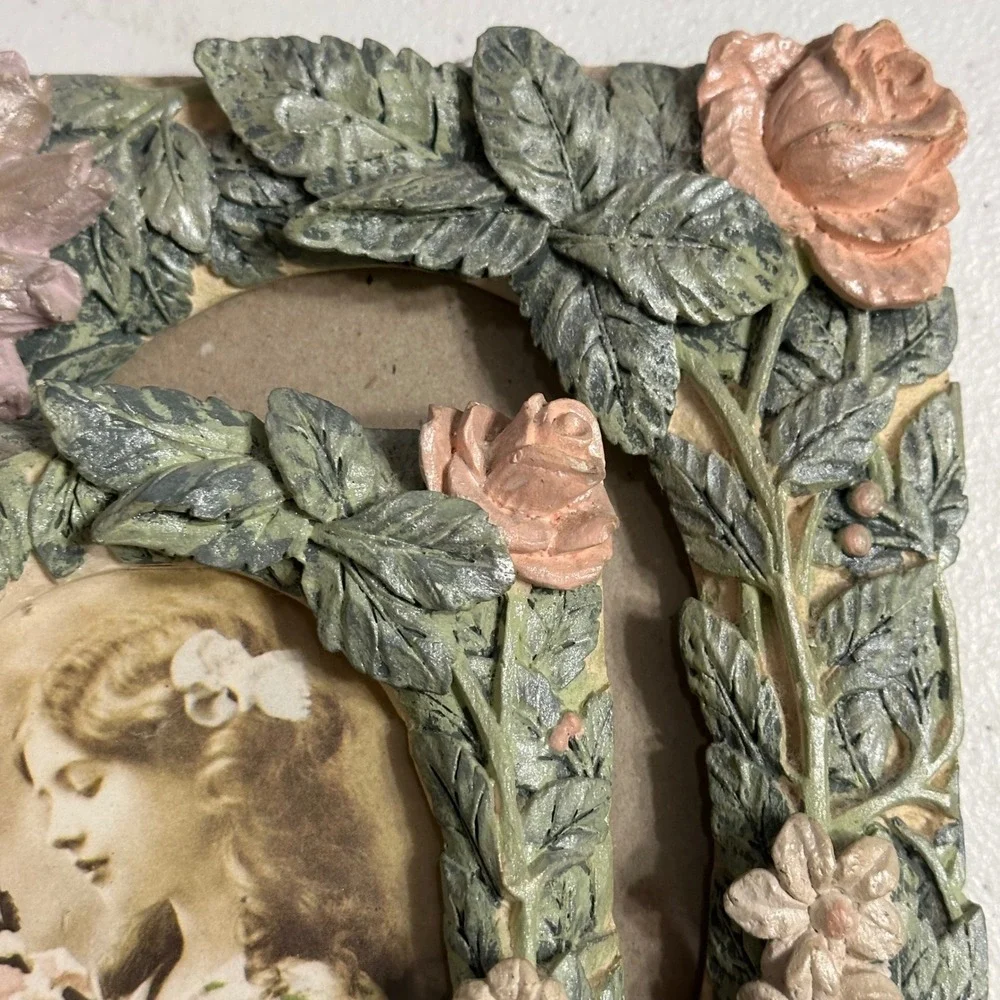 Vintage Floral Resin Picture Frame Set 3D Dimensional Rose Leaf Victorian Design